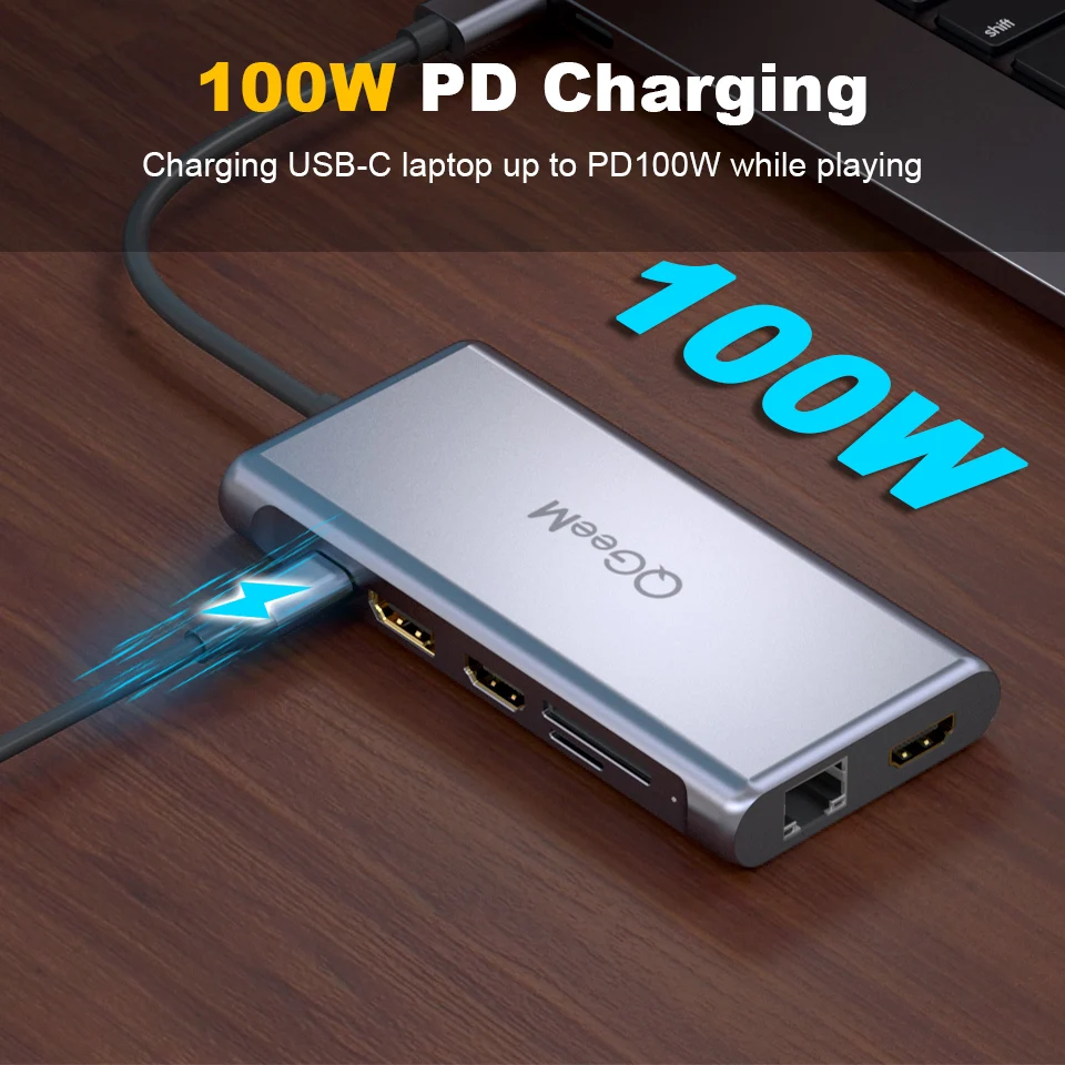 QGeeM USB C Hub for Macbook Pro Triple Display Type C Hub to Dual 4K HDMI & DP Micro SD Card Readers RJ45 Aux PD USB Hub Adapter