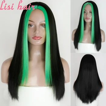 

LISIHAIR Green Black Long Straight Wig For Women Both sides brown Hair Middle Part Heat Resistant Wavy Cosplay Wig For Women