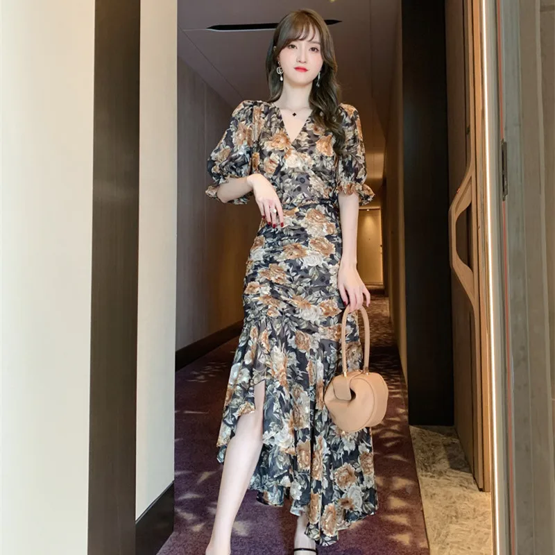 

2 Pieces Sets Summer Print Women Suit Sexy V Neck Short Sleeve Tops and Asymmetrical Ruffle Skirts Vintage Two Piece Set Vestido