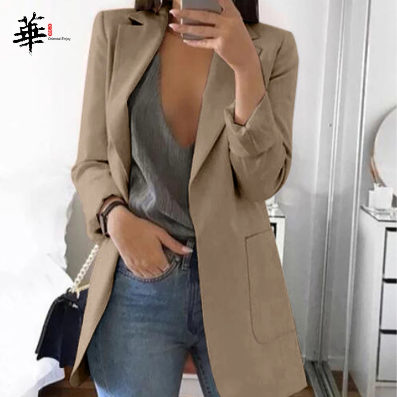 Khaki Размера плюс 5XL минималистичный Для женщин элегантный кардиган пиджак с длинным рукавом OL для худого телосложения Повседневное тонком каблуке Дамская обувь верхняя одежда пиджаки для женщин - Цвет: Khaki