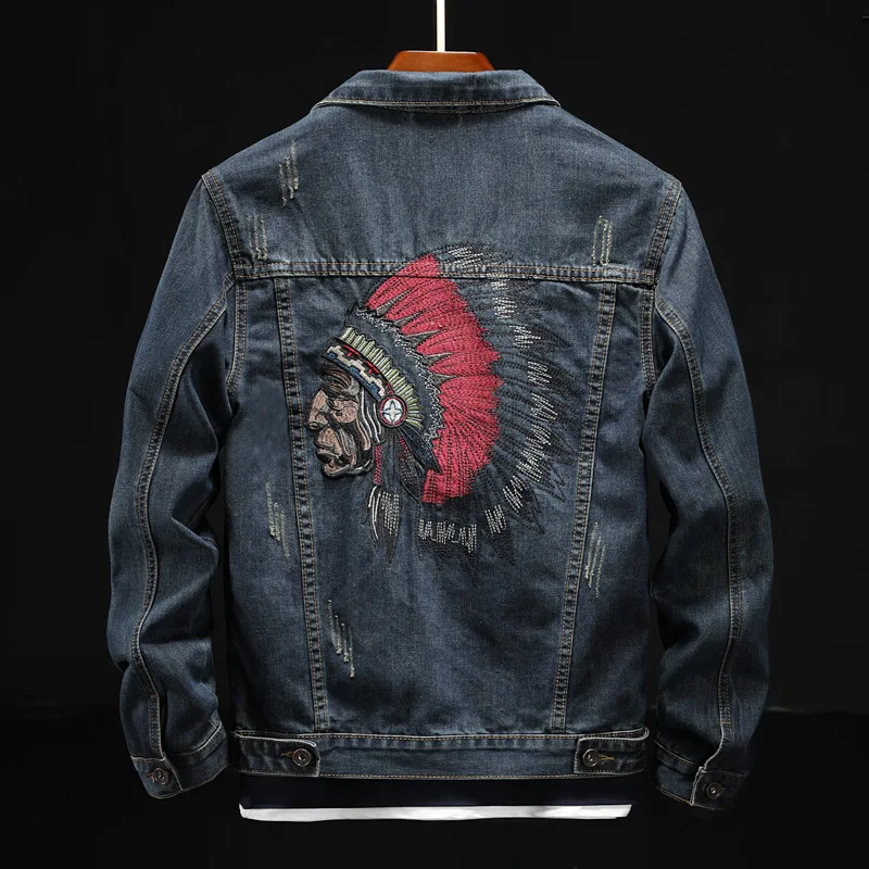 Spring Autumn 2020 teenagers Head Heavy Industry Embroidered Denim Jacket Men's Korean Slim Primitive tribe Locomotive coat | Мужская