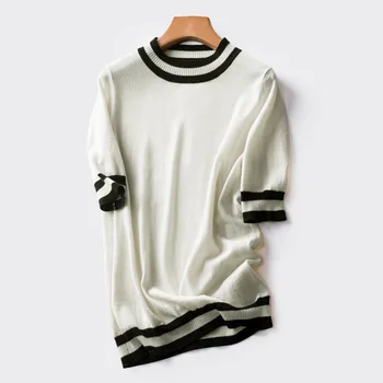 

2020 WOMEN Spring Summer new tops, temperament, commuting style, contrast color semi-high collar sheepskin