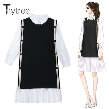 

Trytree 2019 Autumn Women two piece set Casual Solid Knitted Tank Top + Dress Turn-down Collar Mini Office Lady Set 2 Piece Set