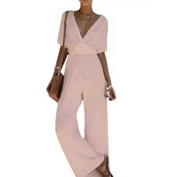 

Solid Color Lady Deep V Neck Short Sleeve Tassel Elastic Waist Wide Leg Jumpsuit Bodysuits