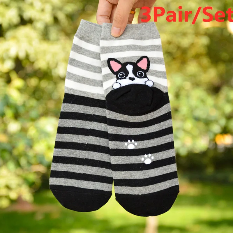 3Pair Color 1 1/3 пары, зимние хлопковые носки с милыми животными, женские Носки с рисунком собаки Kawaii, Осенние Удобные Хлопковые женские трикотажные носки по щиколотку - Цвет: 3Pair Color 1