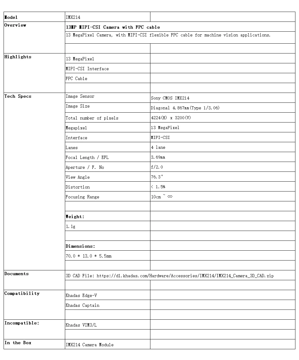 IMX214 SPEC