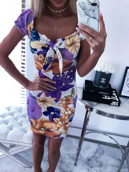 

New Fashion Women Skin-tight Floral Short Sleeve Short Mini Dress Square V-Neck High Waist Ladies Sexy Night Party Pencil Dress