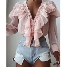 *#Best Price Women Chiffon Solid Color V-Neck Ruffle Trim Blouse Casual Long Sleeve Loose Top Ruffled Chiffon Top *#Best Price Women Chiffon Solid Color V-Neck Ruffle Trim Blouse Casual Long Sleeve Loose Top Ruffled Chiffon Top