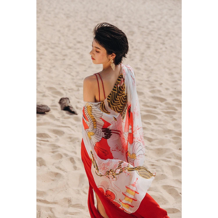 

Real Silk Scarf Beach Towel Silk Scarf Summer Seaside Holiday Printed Chiffon Scarf Silk Scarves Women's