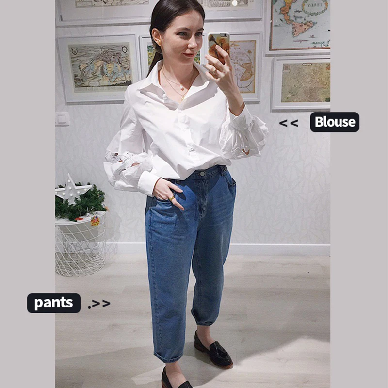  ELFSACK Contrast Lace Sleeve White Solid Casual Blouse Shirt Women Tops 2019 Autumn Korean Style Ov