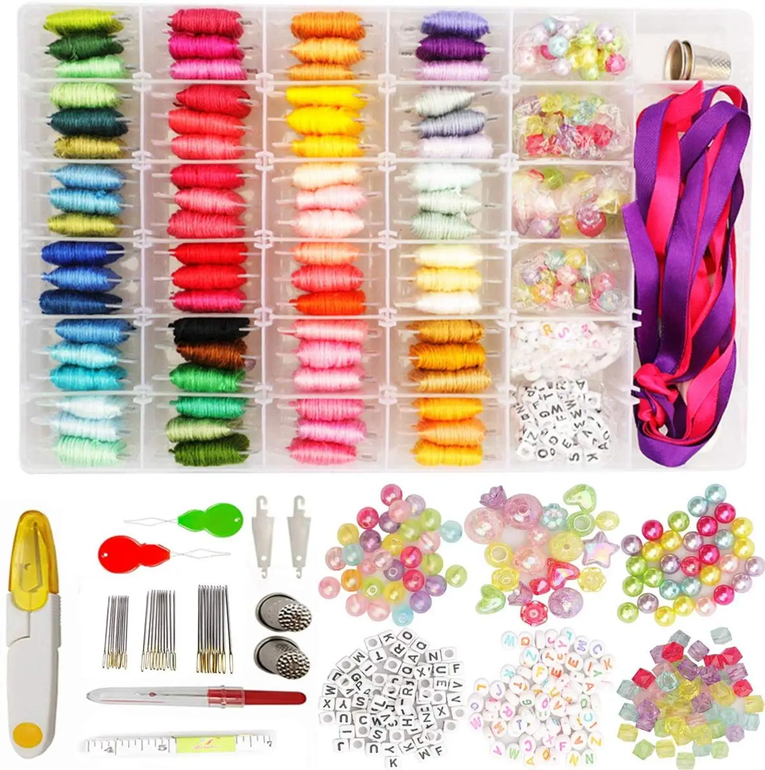 

72 Embroidery Floss Threads Cross Stitch Kit with Organizer Box Floss Bobbins 26 Letters Beads and Ribbons Bracelet String Kits