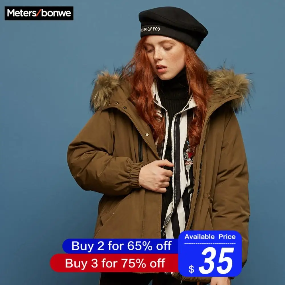 Metersbonwe Женская модная теплая парка с меховым воротником и капюшоном, зимнее теплое женское ветрозащитное Стеганое пальто