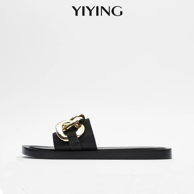 

INS Style Sandals 2023 Summer Black Women Slippers Brand Designer Golden Metal Chain Flat Shoes Casual Outside Peep Toe Slippers