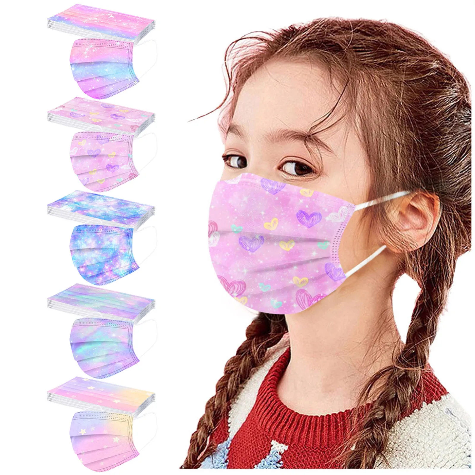 Face Mask 50PC Children Face Mask Mascara Gradient Star Printed Three-Layer Outdoor Breathable Dust-Proof Disposable Mask
