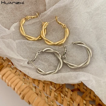 

HUANZHI 2019 New Korean Simple S925 Weaving Twist Circle Hoop Temperamental Gold Metal Earrings for Women Girls