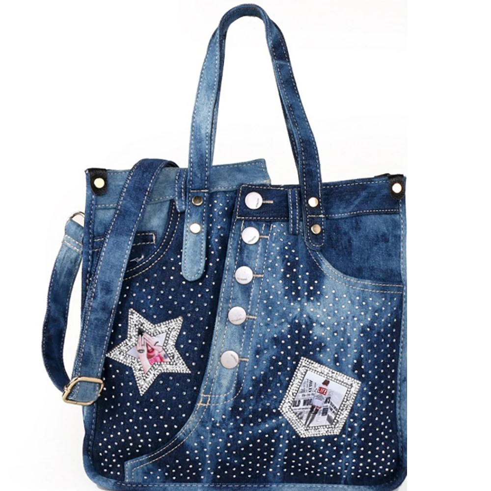 New Denim Canvas Shoulder Bags For Women Female Fashion Tote Bag Ladies Button Decoration Packages Girls Diamond Crossbody Flaps