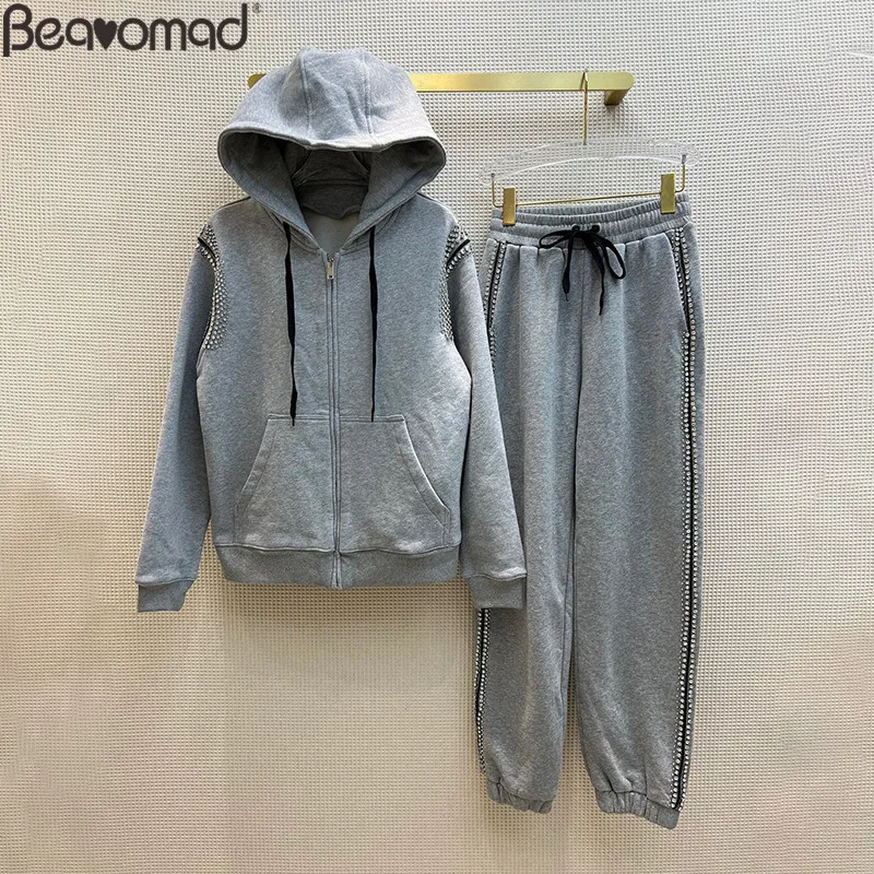 豪奢な 定価 Bearomad 女性用の2ピースカジュアルパンツ フード付きルーズコート 伸縮性ウエスト ダイヤモンドパンツ ソリッド 秋のファッション お花見特価セール開催 Hashaliach Co Il