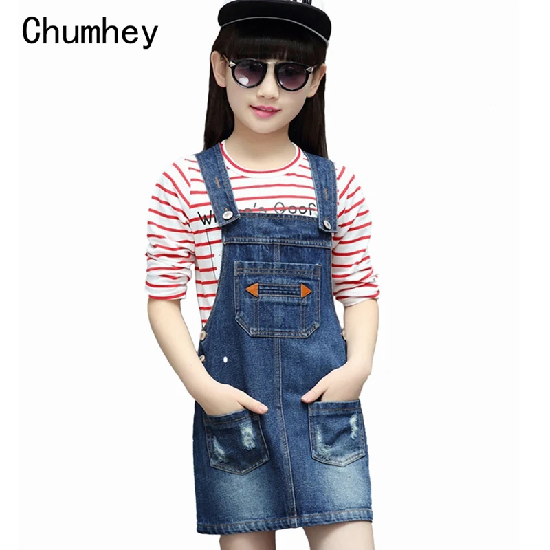 Chumhey 5-12T Spring Summer Girls Bib Suspender Denim Dress Overalls Children Clothing Big Girl Slips Clothes | Детская одежда и