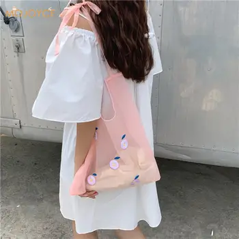 

Fruit Embroidery Shopping Bag Women Organza Transparent Tote Girl Purse Handbags for Outdoor Shopping Traveling Ornaments