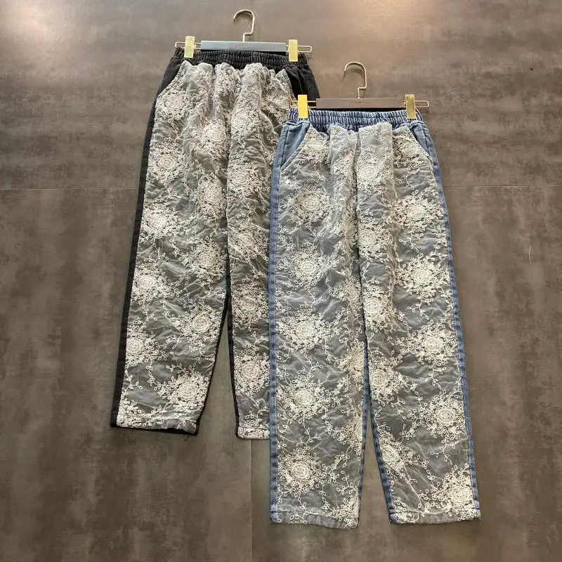 

Lace Jeans Women 2020 New Spring Winter Lace Flower Mesh Embroidered Small Fragrant Wind Elastic-Waist Straight-Cut Jeans Pants