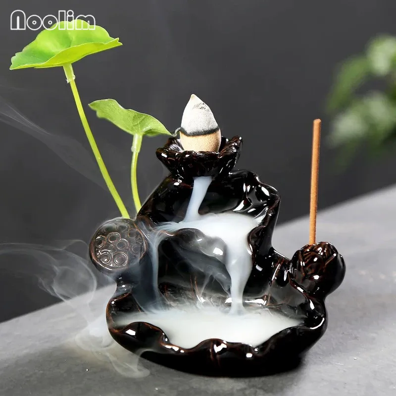 

Ceramic Lotus Black Glazed Backflow Incense Burner Smoke Waterfall Aromatherapy Censer Incense Stick Holder Home Teahouse Decor