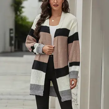 

2020 Women Sweater Coat Striped Color Loose Cardigan Long Sleeve Casual Knit Sweater Jacket Oversize Long Cardigan Sweater