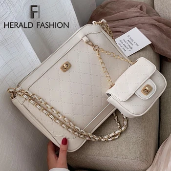

Herald Fashion Luxury Diamond Lattice Handbag Set Quality 2 Pcs PU Leather Chain Women Designer Classic Large Shoulder Bags New