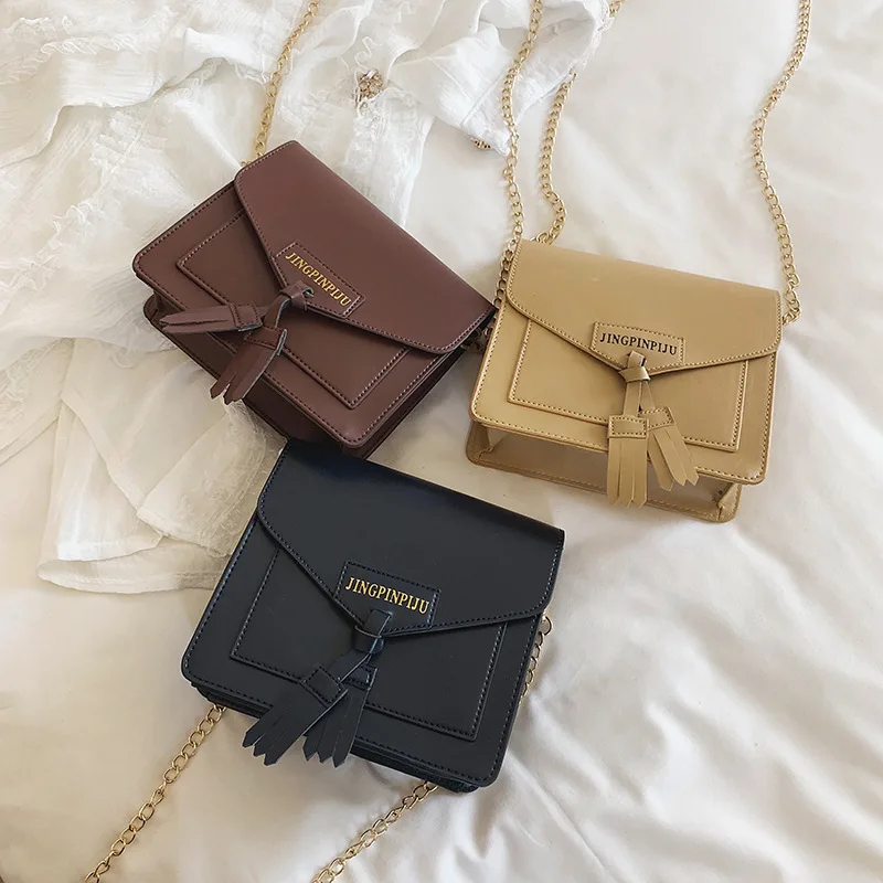 

Retro Tassels Chain Bag Women's 2019 New Style Simple Shoulder Bag Versatile Solid Color Shoulder Bag
