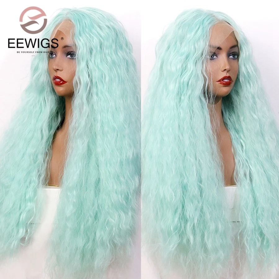 EEWIGS высокое температура волокна зеленый синтетический парик фронта шнурка кудрявый парик шнурка Glueless 2" персиковый розовый парики для черных женщин