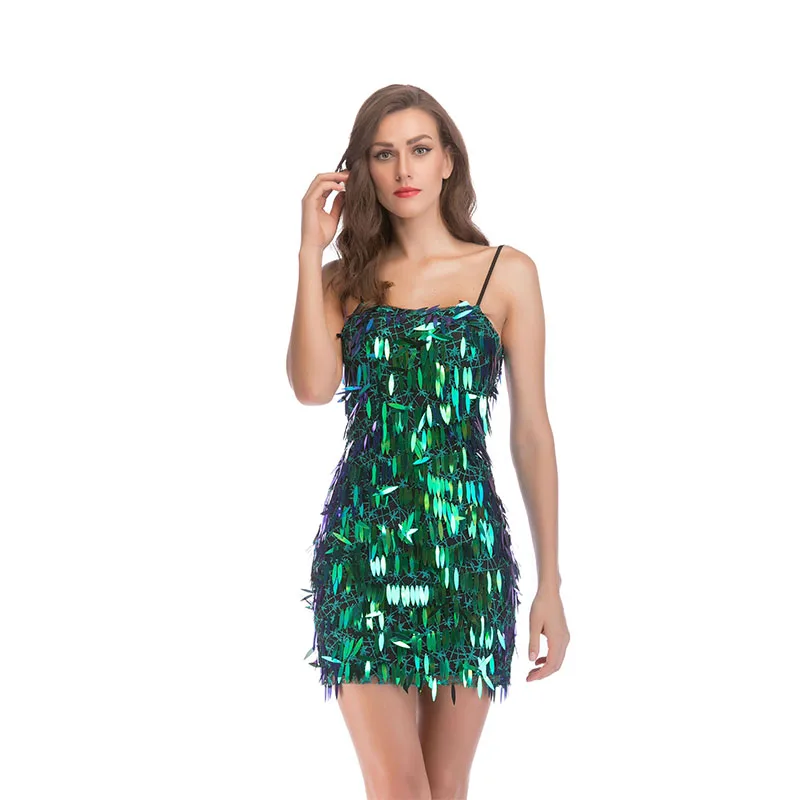 

Free shipped 2019 summer new style Sexy halter black green sequined dress polyester nightclub slash neck top women Hot style