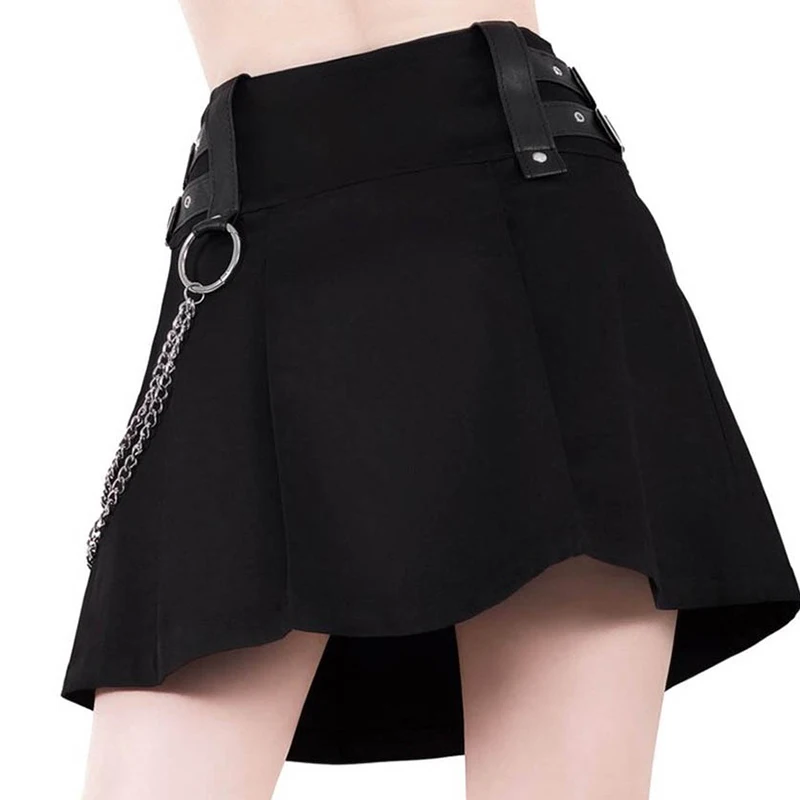 Черные юбки на молнии в готическом стиле панк, Женская Осенняя плиссированная мини-юбка с завышенной талией и кольцом, женские сексуальные юбки из искусственной кожи в стиле пэчворк