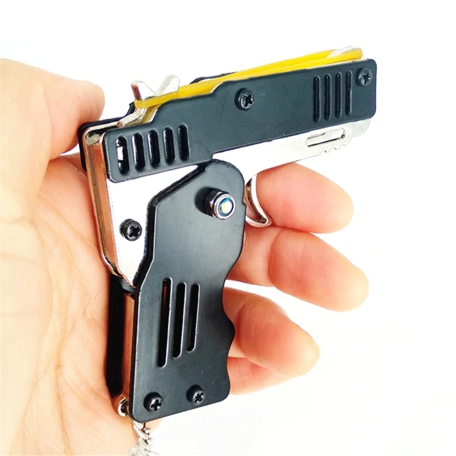 Mini Folding Foldable Rubber Band Shooting Gun Key Chain Of Outdoor Play Game Gun Toys Hold 6 Rounds Funny Party Gift for Kid 2
