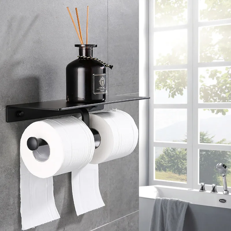 

LIUYUE 1pc Bathroom Double Wall Mount Toilet Paper Holder with Shelf for Restaurant Home Office Hotel Shopping Mall