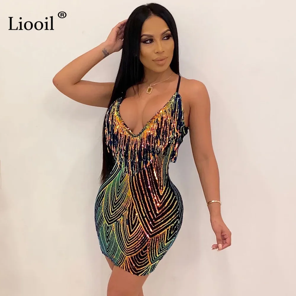 Liooil, сексуальное, с блестками, с кисточками, облегающее, мини платье, для женщин, Клубная одежда,, без рукавов, v-образный вырез, на тонких бретелях, обтягивающие, вечерние, для ночного клуба