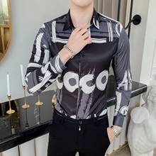 Мужская рубашка с длинным рукавом, мужская рубашка с цветочным принтом, рубашка в британском стиле, мужская мода, осенняя рубашка с буквенным принтом, черно-белая