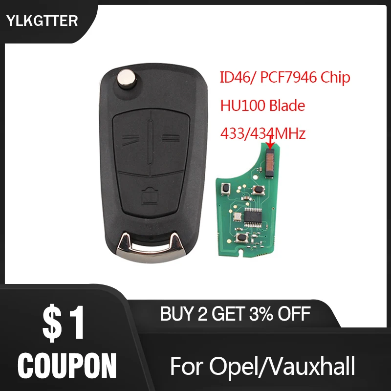 

YLKGTTER 433MHz Remote Key for Opel/Vauxhall Vectra C 2006 - 2008 Signium 2005 - 2007 DIY HU100 Blade & Transponder Chip PCF7946