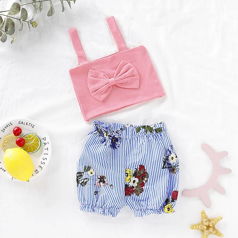 

Kid Clothes Summer Baby Girls Clothes Strap Bowknot Tops T-shirt Striped Floral Pattern Shorts Suits Casual Costume Set 11