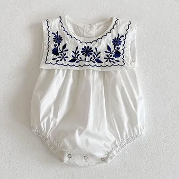 Korean Style Infant Baby Girls Jumpsuit Navy Collar Embroidery Cotton Newborn Baby Girl Bodysuits Summer Baby Girls Clothes 8