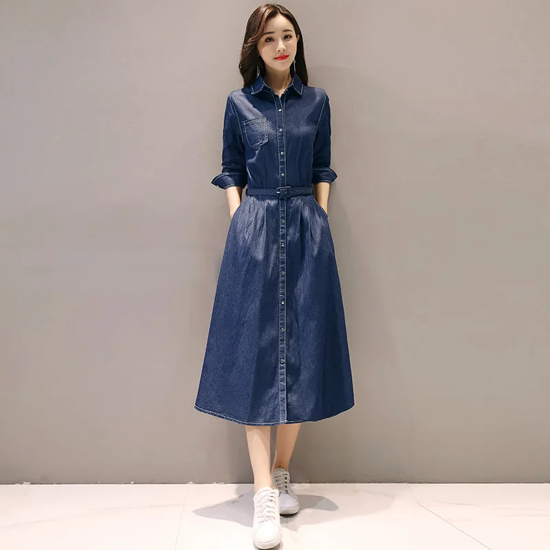 

2019 Autumn Clothing New Style WOMEN'S Denim Dress A- line Dress Mid-length Korean-style Large Size Slimming Fashion Skirt Fashi