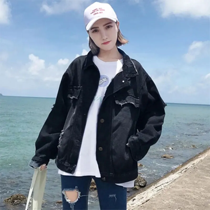 discounted Turn-down Collar Black Loose Denim Jackets Women Casual Korean Style Jean Coats Plus Size Female Fa