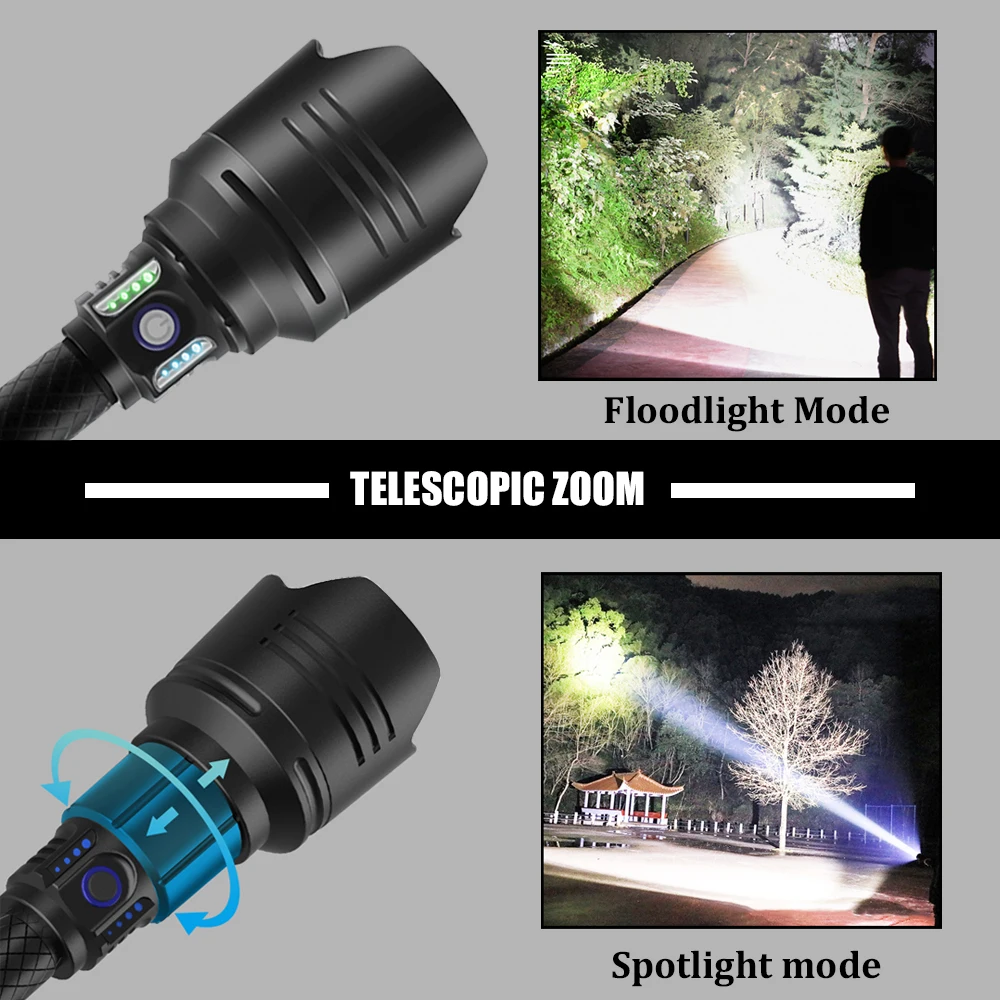 Powerful 7-core P10 LED Flashlight With High Quality Lens USB Input & Output Function Tactical Torch 4 Mode Zoomable 18650 Lamp