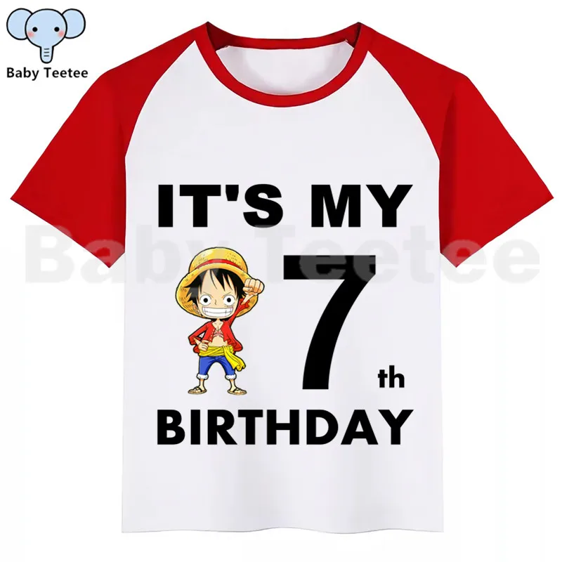 Цельный LUFFY мультфильм футболка «С Днем Рождения» Happy футболка «С Днем Рождения» с принтом забавные детские футболки, футболка для мальчиков и девочек, Рубашка с короткими рукавами футболка «С Днем Рождения» - Цвет: RedG