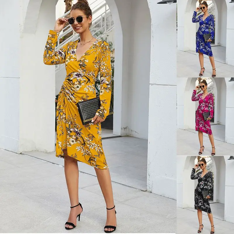 

2020Fashion Dress European and American Spring and Summer Women's Dress V-neck Printed Long-sleeved Irregular Women's Sexy Dress