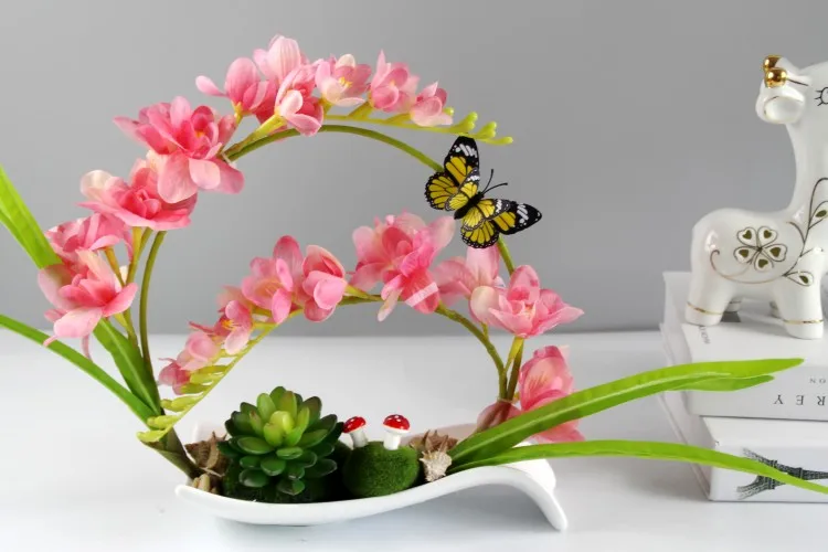 Butterfly Orchid Artificial Flowers Set Fake Flower Ceramic Vase Ornament Phalaenopsis Figurine Home Furnishing Decoration Craft