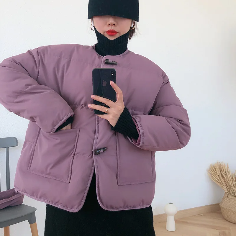 Mooirue зимняя Осенняя Корейская Куртка Harajuku пальто с роговой пряжкой хлопковая стеганая одежда свободная Милая однотонная парка пальто