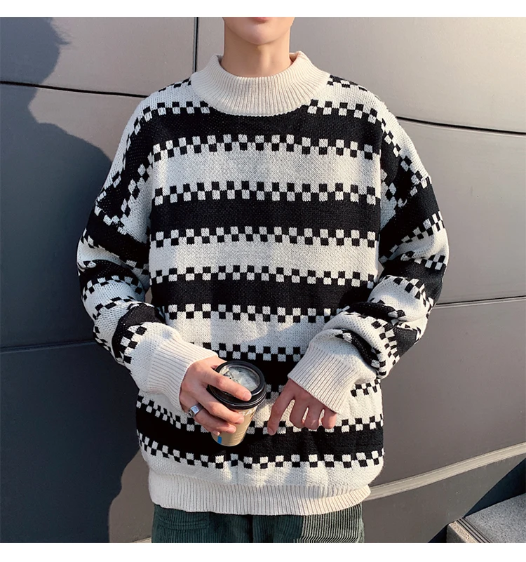 Winter New High Collar Sweater Men Warm Fashion Contrast Color Casual Knit Pullover Male Clothes Loose Long Sleeve Sweater Men