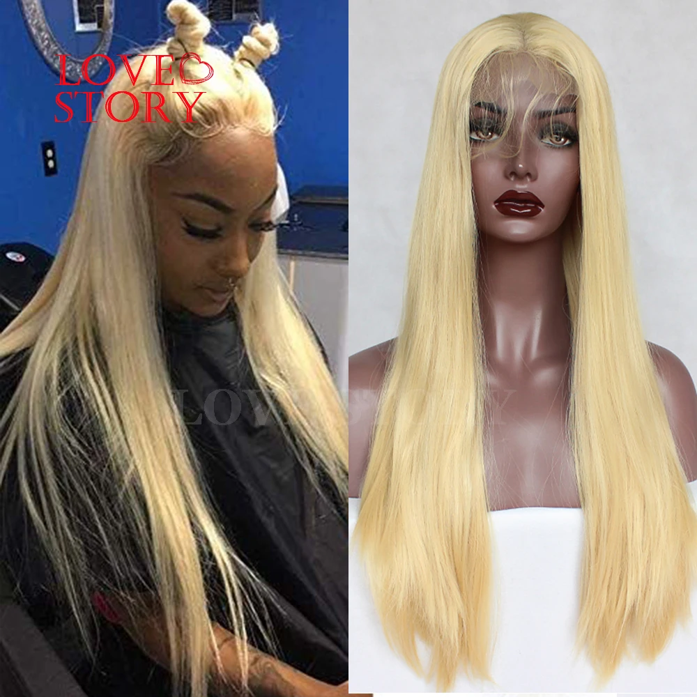 Lovestory Long Straight Hair Synthetic Wig Blonde Color Natural Middle Part Heat Resistant Fiber Lace Front Wigs For Women | Шиньоны и