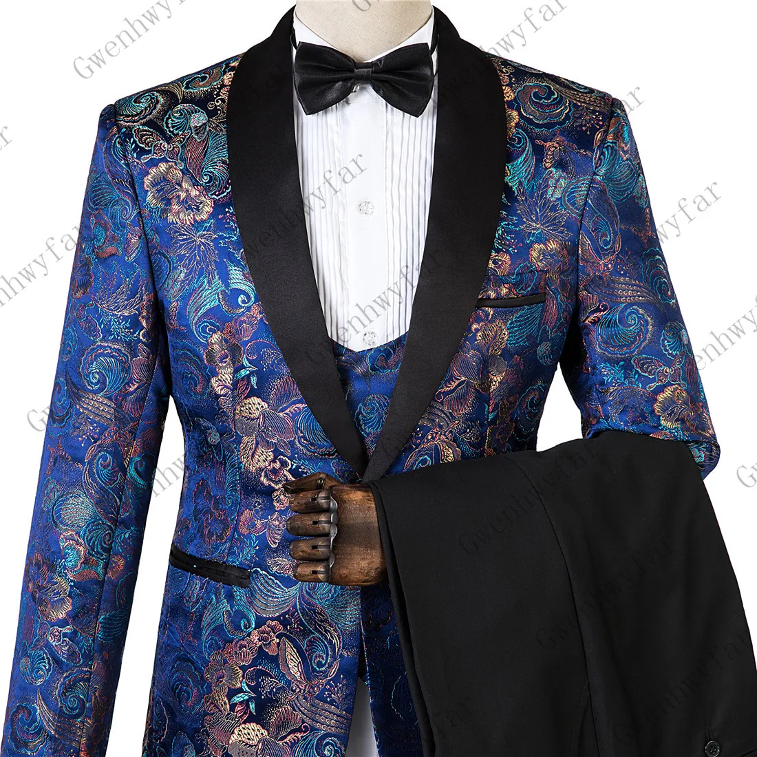 

Navy Pattern Mens Suits 2019 Wedding Suits for Groom Tuxedos (Jacket+Pants+Vest) Three Pieces Groomsmen Suits Regular Big Sizes