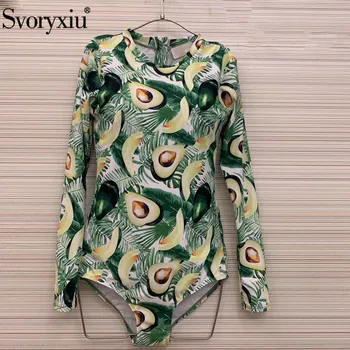 

Svoryxiu Designer Summer Fruit Avocado Print Bodysuits Women's Fashion Sun Protection Long Sleeve Holiday Bikini Bathers Bathing