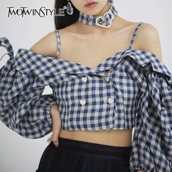 

TWOTWINSTYLE Casual Plaid Women Shirt Square Collar Lantern Long Sleeve Hit Color Lace Up Short Blouses Female Clothes 2020 Tide